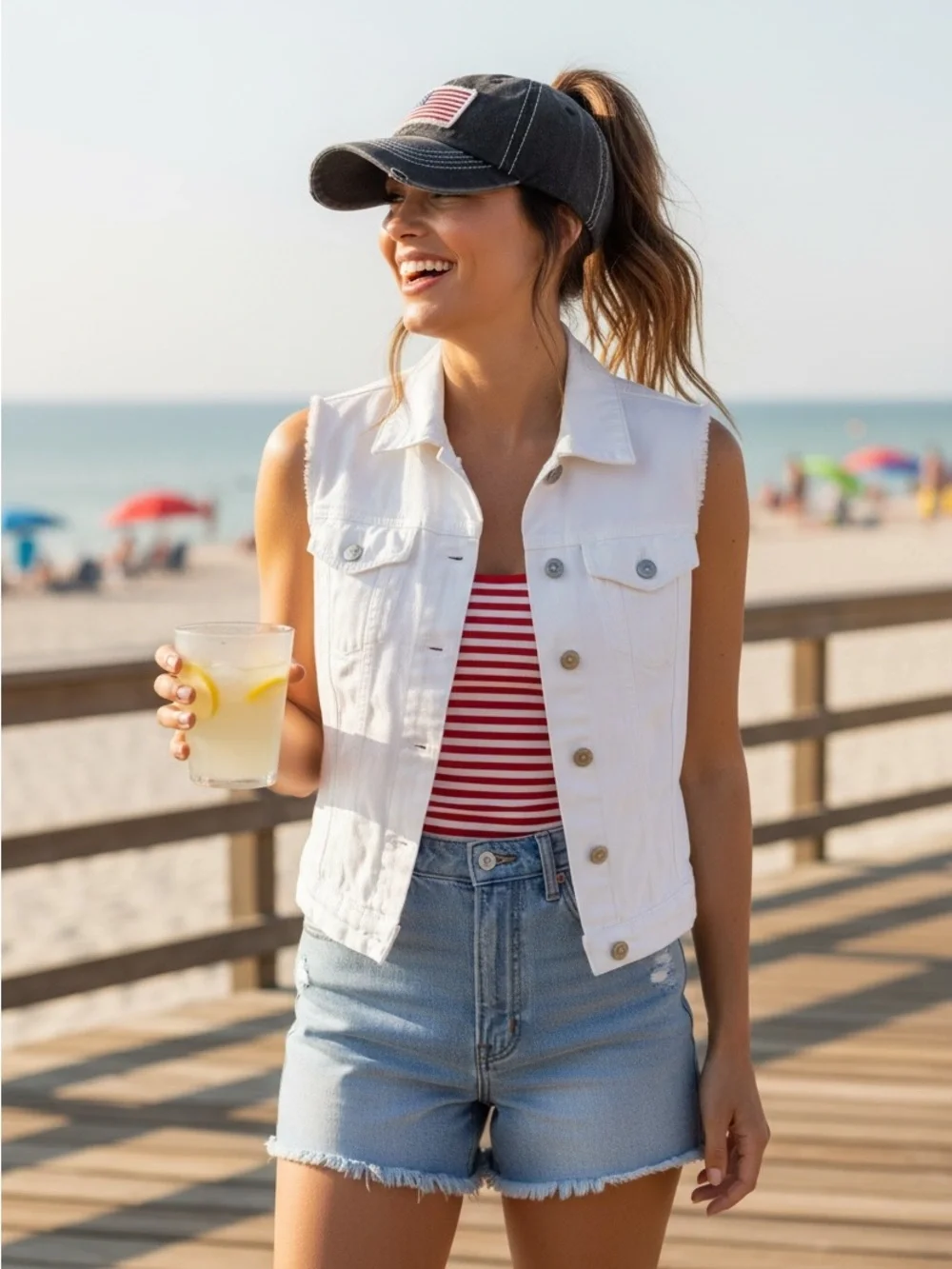 American Flag Distressed Black Ponytail Baseball-Cap